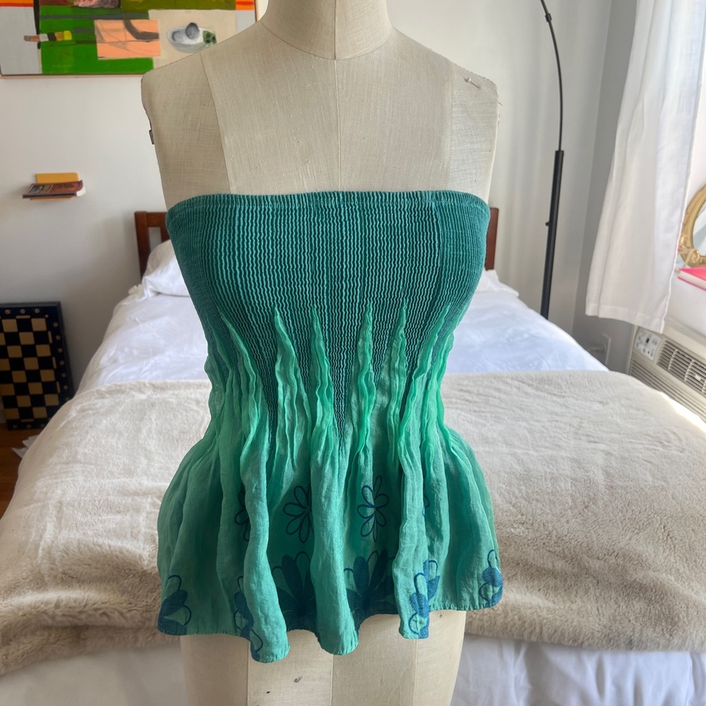 Green Strapless Top with Floral Design